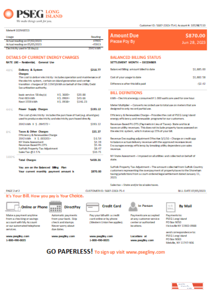 New Jersey PSEG electricity utility bill, SCR, page 2 PSD template